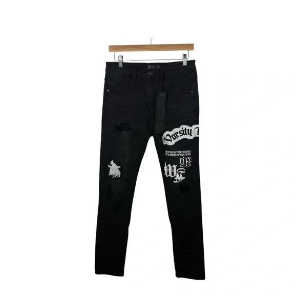 NWT KDNK Men’s Varsity Patched Grunge Jeans in Black/White Size 30